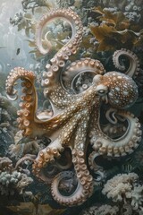 Fototapeta premium Male and female octopuses in the ocean with a light pastel underwater scene, illustrating intelligence and equality.