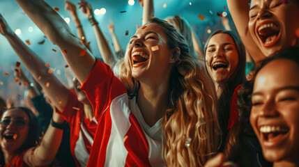 Group Of Happy Female Football Fans Celebrating A goal With Unbridled Excitement. Women Cheering and Supporting Favorite Players - obrazy, fototapety, plakaty