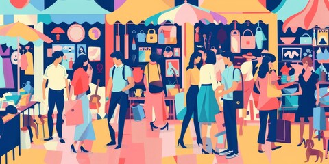 A colorful painting of a busy market scene with people walking around