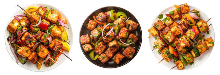 Set of Paneer Tikka at skewers in a plate, isolated top view on transparent background. Paneer tikka is an indian cuisine dish with grilled paneer cheese with vegetables and spices.