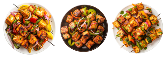 Set of Paneer Tikka at skewers in a plate, isolated top view on transparent background. Paneer tikka is an indian cuisine dish with grilled paneer cheese with vegetables and spices.