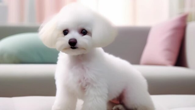 A small white Bichon Frize dog with a joyful on a sofa, offering a warm, homely vibe. Perfect for pet adoption campaigns or home lifestyle imagery. Motion
