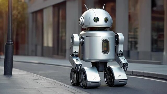 Autonomous service robot navigating the sidewalk in an urban environment. Modern smart android. Concept of robotics in public service and smart city development. Motion