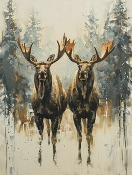 Male and female moose stand majestically in a light pastel forest, symbolizing strength and unity.