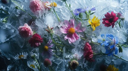 Fototapeta na wymiar Fresh wildflowers in the ice, background or banner with copy space..