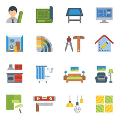 Interior design flat icons set with white background.