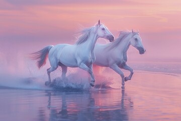 Obraz na płótnie Canvas Pair of horses, male and female, running freely against a pastel sunset, embodying freedom and equality.