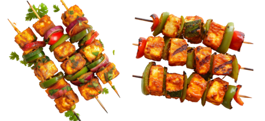 Set of Paneer Tikka at skewers, isolated top view on transparent background. Paneer tikka is an indian cuisine dish with grilled paneer cheese with vegetables and spices.
