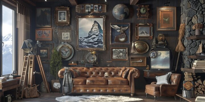 A living room with a brown couch and a lot of pictures on the wall