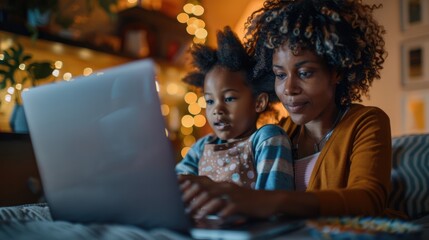 African mother and cute daughter spend time at home surfing internet together.
