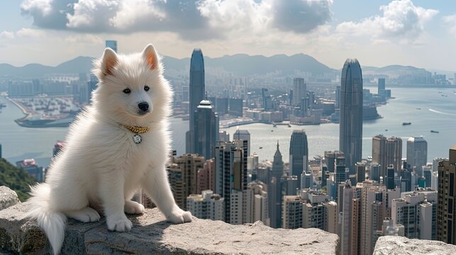 a cute white fluffy Samoyed puppy, adorned with a golden collar, against the stunning backdrop of the vibrant city.