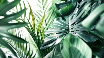Fresh green palm leaves on white background, summer plants object. Bright lush tropical greenery. Jungle.