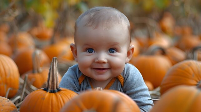 A baby wearing a yellow hat is surrounded by many pumpkins