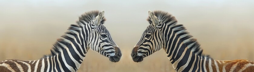 Zebras, male and female, united by diversity, stand close against a pastel savanna backdrop, symbolizing harmony.