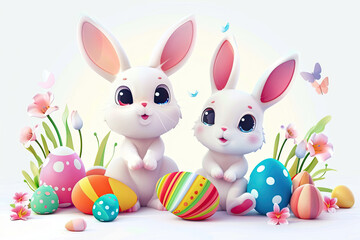 illustration of cute cartoon rabbits with colorful Easter eggs on a white background