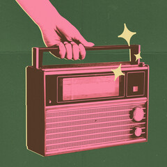 Illustration of hand holding retro radio with stars. Dual-tone image. Poster for a music festival...