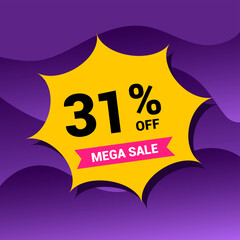 31% sale badge vector illustration on a purple gradient background. Thirty one percent price tag. Yellow and purple.