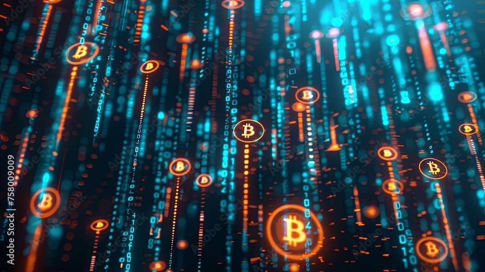 Poster bitcoin digital code matrix and cryptocurrency concept a visual concept of bitcoin with symbols and 
