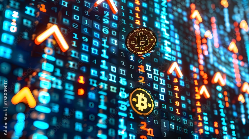 Poster bitcoin cryptocurrency on digital growth chart bitcoin tokens overlay a dynamic digital chart with u