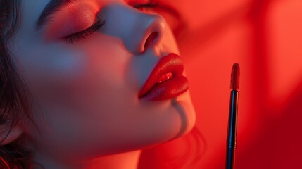 Obraz premium The makeup artist applies powder and blush. A beautiful woman faces. A make-up master puts blush on the cheeks of a beauty model girl. Make-up is in process. beautiful woman on red background