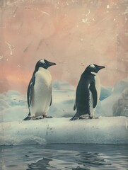 Fototapeta premium Penguins standing side by side on a subtle pastel ice floe, showcasing equality and partnership in harsh climates.