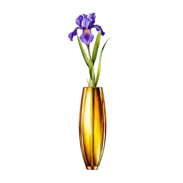 Iris flower in a sleek modern vintage vase watercolor illustration, minimal luxury style flower vase, cute floral vector clipart, floral decorative element, isolated on white background