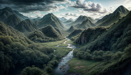 Panoramic view of the river and mountains in the clouds.