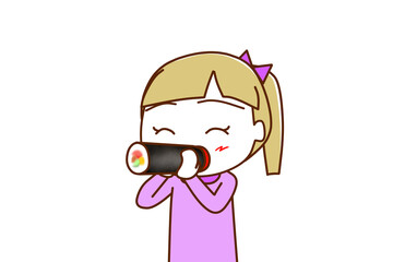 （上半身斜め）節分に今年の方角を向きながら恵方巻を笑顔で食べる白人少女