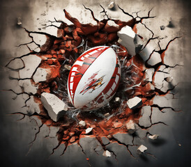 3D Rugby Ball Background with Cracked Wall