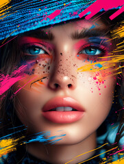 Fashion portrait of beautiful young woman with bright make-up.