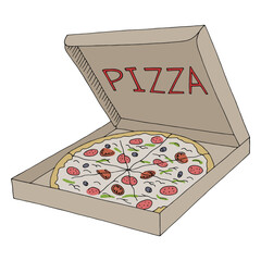 Pizza in box graphic fast food color sketch isolated illustration vector  - 758009688