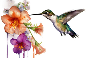 watercolor flowers Hummingbird - obrazy, fototapety, plakaty