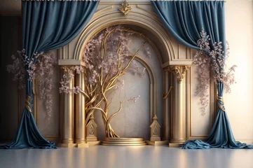 Sierkussen luxury interior with blue curtains and golden flower. © LAYHONG