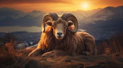 Majestic aries with impressive horns silhouetted against a dramatic mountain ridge
