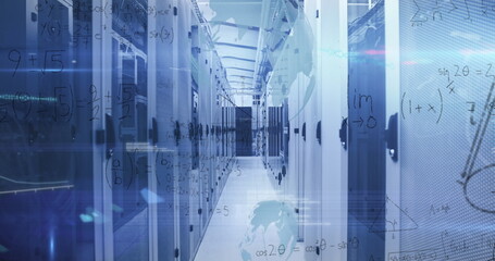 Image of data processing, mathematical equations over computer servers