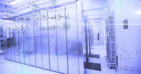 Image of infographic interface, mathematical equations and lens flare over server room