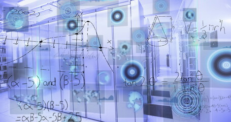 Image of radars, infographic interface and mathematical equations over server room