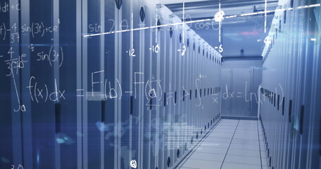 Image of mathematical equations, infographic interface and lens flare over server room