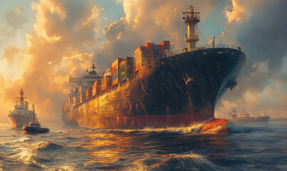 A cargo ship transports containers by sea. - obrazy, fototapety, plakaty