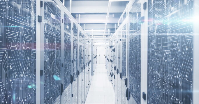 Image of circuit board pattern, infographic interface and lens flare over server room - Powered by Adobe