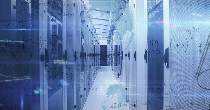 Image of data processing, mathematical equations over computer servers