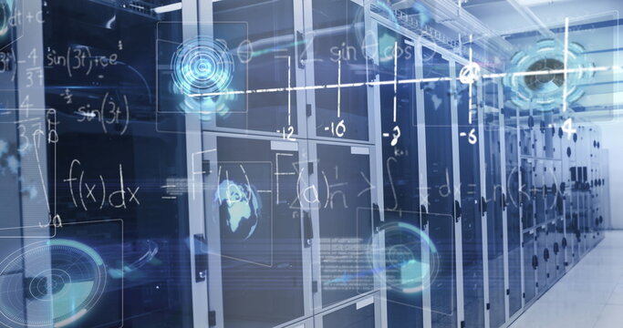 Image of mathematical equations, lens flare and infographic interface over server room