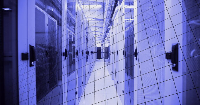 Image of infographic interface, equations, rainbow, flying lens flare on server room - Powered by Adobe