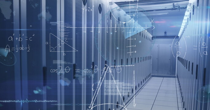 Image of infographic interface, mathematical equations and lens flare over server room