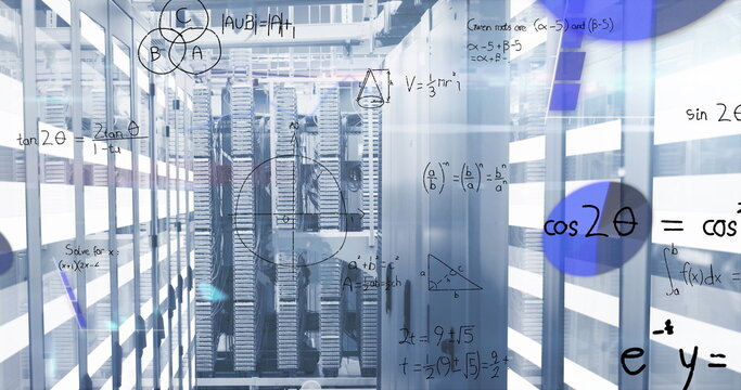 Image of mathematical equations, infographic interface and lens flare over server room
