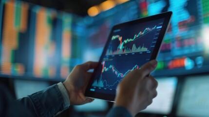 Close-up hand of a businessman Professional Trader Holding a Tablet Computer with Stock Market Analytics, Graphs, and Reports on Screen. Stock Exchange Application Template. 