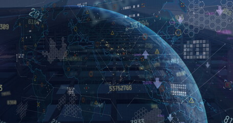 Image of financial data processing with globe and world map over cityscape