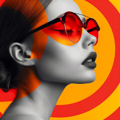 Fashion portrait of beautiful woman in red sunglasses on colorful background.