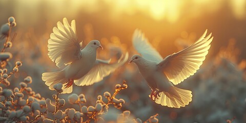 Two doves soar together in a serene pastel sky, symbolizing harmony and unity. - obrazy, fototapety, plakaty