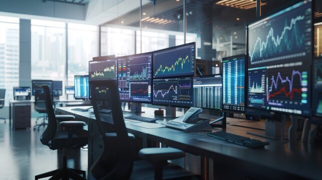 Empty in Stock exchange a Technologically Advanced Office with Multiple Computer Screens with Real-Time Financial Data, Economy Forecasts, stock market background.